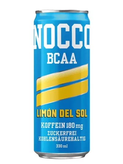 NOCCO Energy Drink - Limon del sol Geschmacksrichtung, hellblaue Dose mit zwei gelben Streifen, zuckerfrei und kohlensäurehaltig
