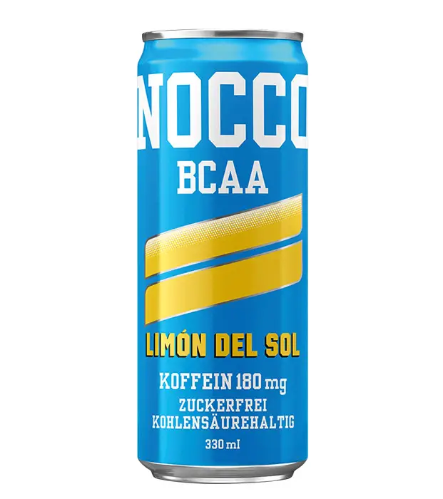 NOCCO Energy Drink - Limon del sol Geschmacksrichtung, hellblaue Dose mit zwei gelben Streifen, zuckerfrei und kohlensäurehaltig