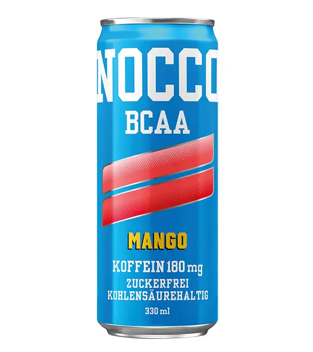 NOCCO Energy Drink - Mango Geschmacksrichtung, hellblaue Dose mit zwei pinken Streifen, zuckerfrei und kohlensäurehaltig