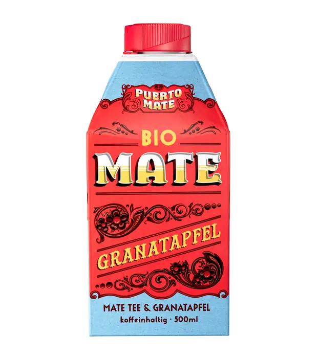 Bio Puerto Mate Granatapfel. Viereckiges Blau - Rotes Tetra-Pak mit Rotem Deckel