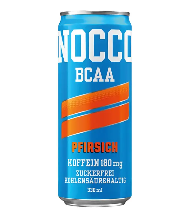 NOCCO Energy Drink - Pfirsich Geschmacksrichtung, hellblaue Dose mit zwei orangen Streifen, zuckerfrei und kohlensäurehaltig