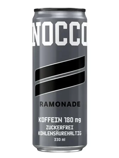 NOCCO Energy Drink - Ramonade Geschmacksrichtung, graue Dose mit zwei schwarzen Streifen, zuckerfrei und kohlensäurehaltig
