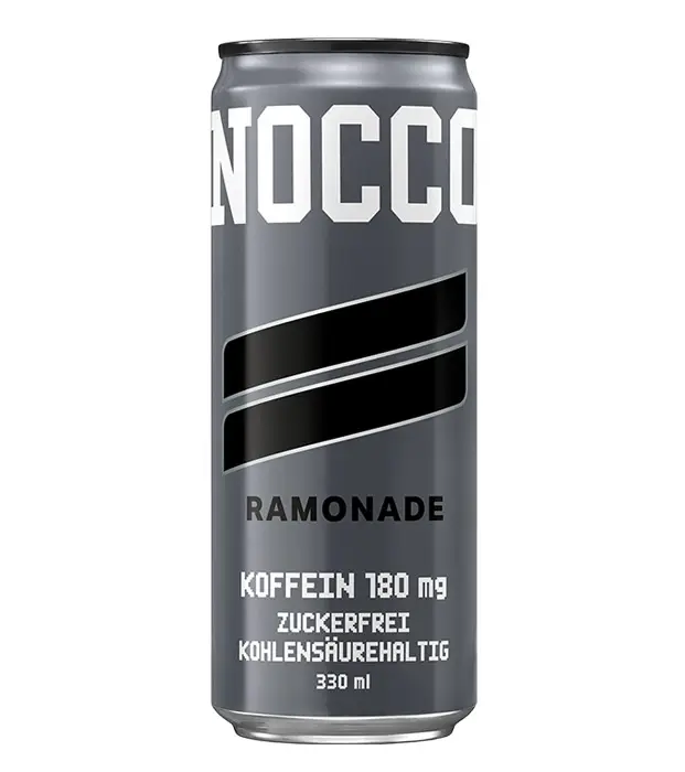 NOCCO Energy Drink - Ramonade Geschmacksrichtung, graue Dose mit zwei schwarzen Streifen, zuckerfrei und kohlensäurehaltig