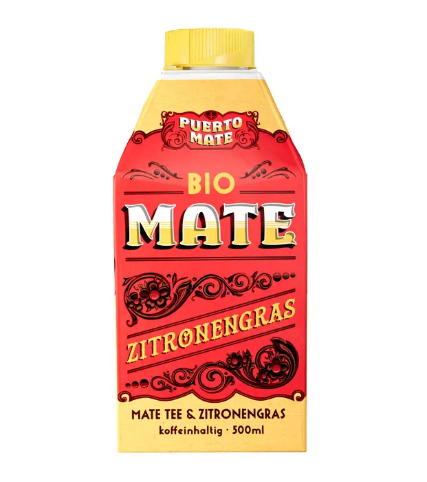 Bio Puerto Mate Zitronengras. Viereckiges Gelb - Rotes Tetra-Pak mit Gelbem Deckel