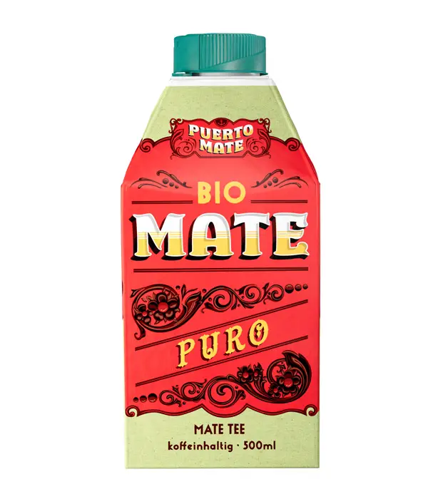 Bio Puerto Mate Puro. Viereckiges Grün - Rotes Tetra-Pak mit grünem Deckel