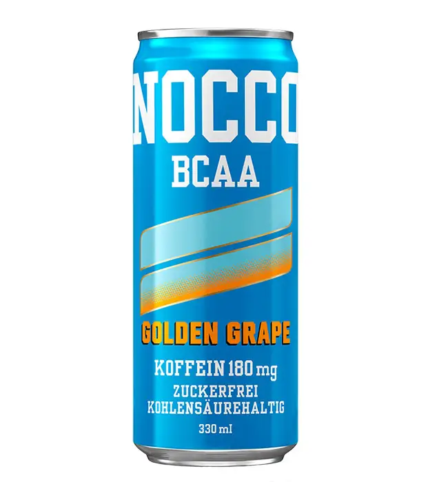 NOCCO Energy Drink - Goldengrape Geschmacksrichtung, hellblaue Dose mit zwei türkis Streifen, zuckerfrei und kohlensäurehaltig