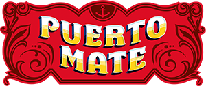 Puerto Mate Logo: Gelbe Schrift auf rotem Hintergrund