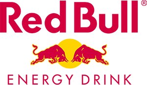 Original Red Bull Logo: zwei Bullen die gegeneinander kämpfen, umrahmt von einem gelben Sonnenkreis. Darunter der Schriftzug "Energy Drink"