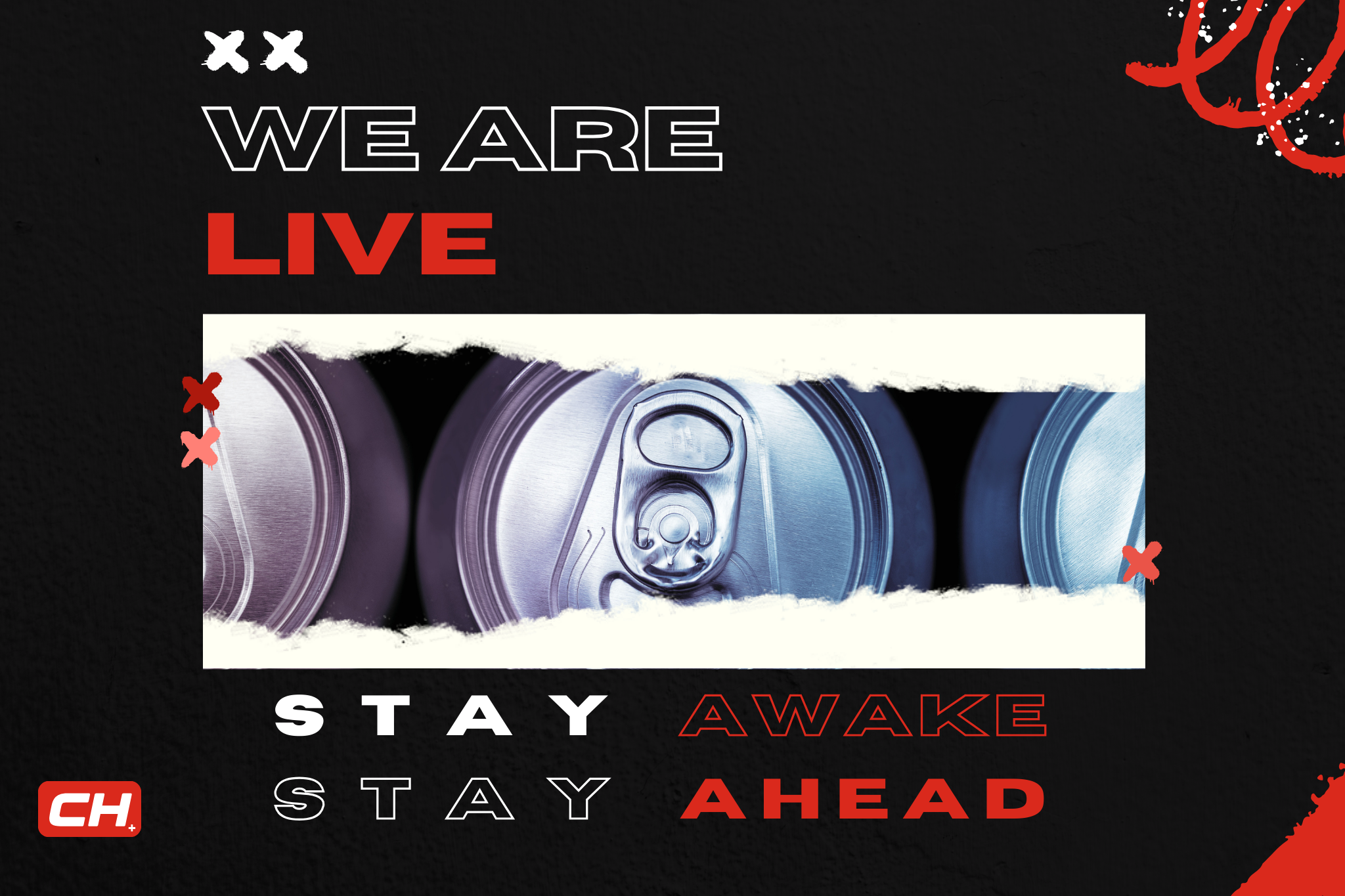 Mehrere Dosen von oben. Der Slogan "Stay awake - Stay Ahead" der Firma CHoffein KLH steht unterhalb des Bildes. Oberhalb des Bildes steht "We are live" das Bild und die Schriftzüge befinden sich auf schwarzem Hintergrund. Unten Links ist das App-Logo der Firma, die Buchstaben ch in weiss auf rotem Hintergrund inklusive weissem kreuz rechts unten welches für das Land Schweiz steht. Ready to roll!