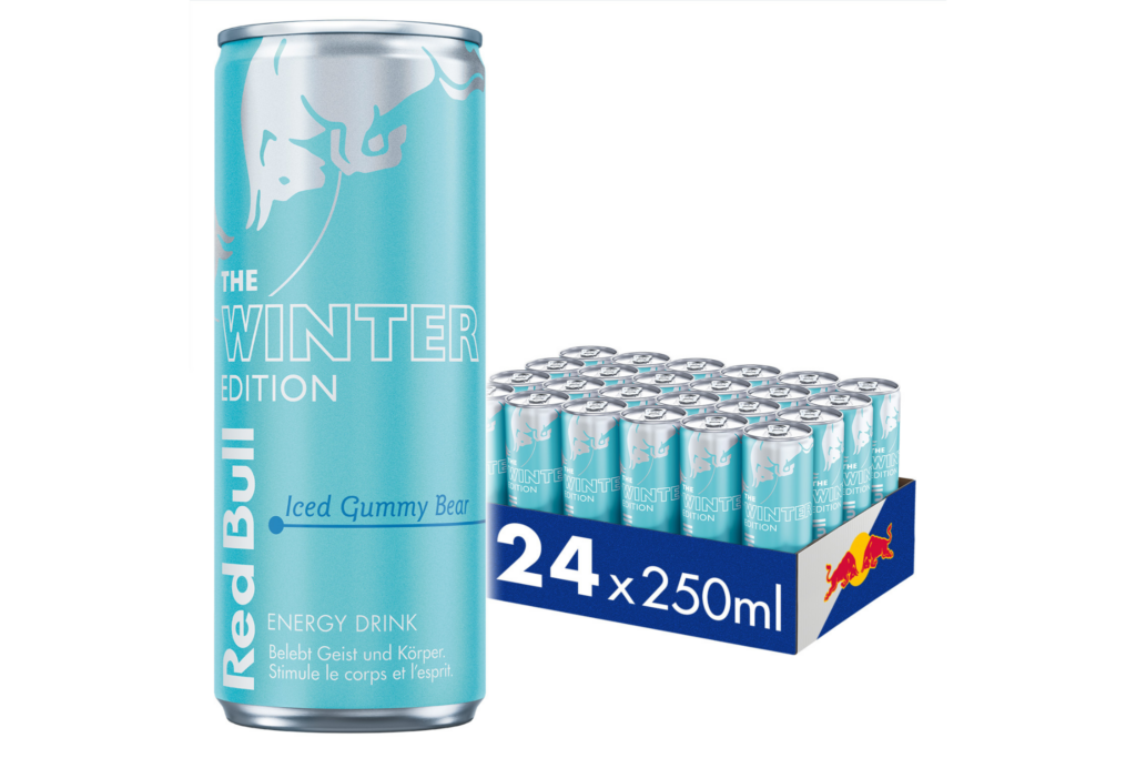 Red Bull Winter Edition Energy Drink - Iced Gummy Bear Geschmacksrichtung, türkisfarbene Dose, limitierte Winter-Edition in einem Tray