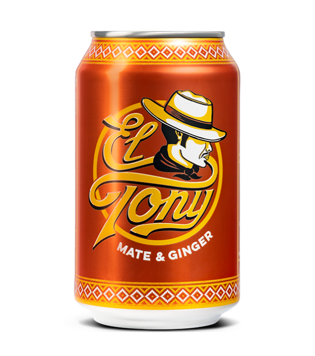 El Tony Mate Ginger Getränk - orange Dose mit gelbem Schriftzug der Marke sowie eine Zeichnung eines Mannes mit Cowboy-Hut