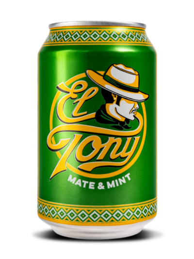 El Tony Mate Mint Getränk - hell grüne Dose mit gelbem Schriftzug der Marke sowie eine Zeichnung eines Mannes mit Cowboy-Hut