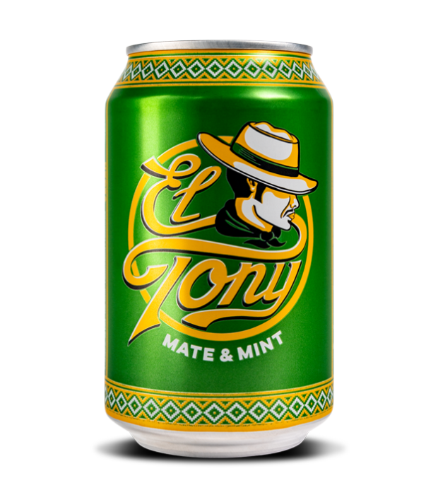 El Tony Mate Mint Getränk - hell grüne Dose mit gelbem Schriftzug der Marke sowie eine Zeichnung eines Mannes mit Cowboy-Hut