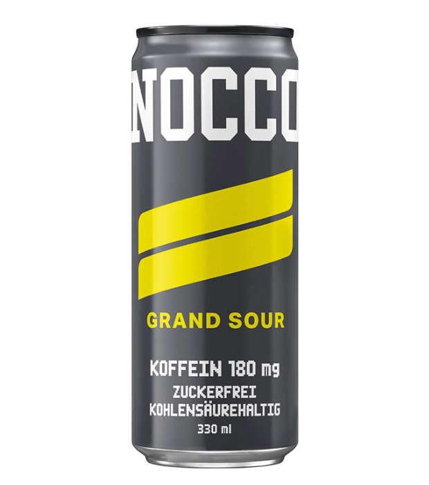 NOCCO Energy Drink - Grand Sour, schwarze Dose mit zwei gelben Streifen, zuckerfrei und kohlensäurehaltig